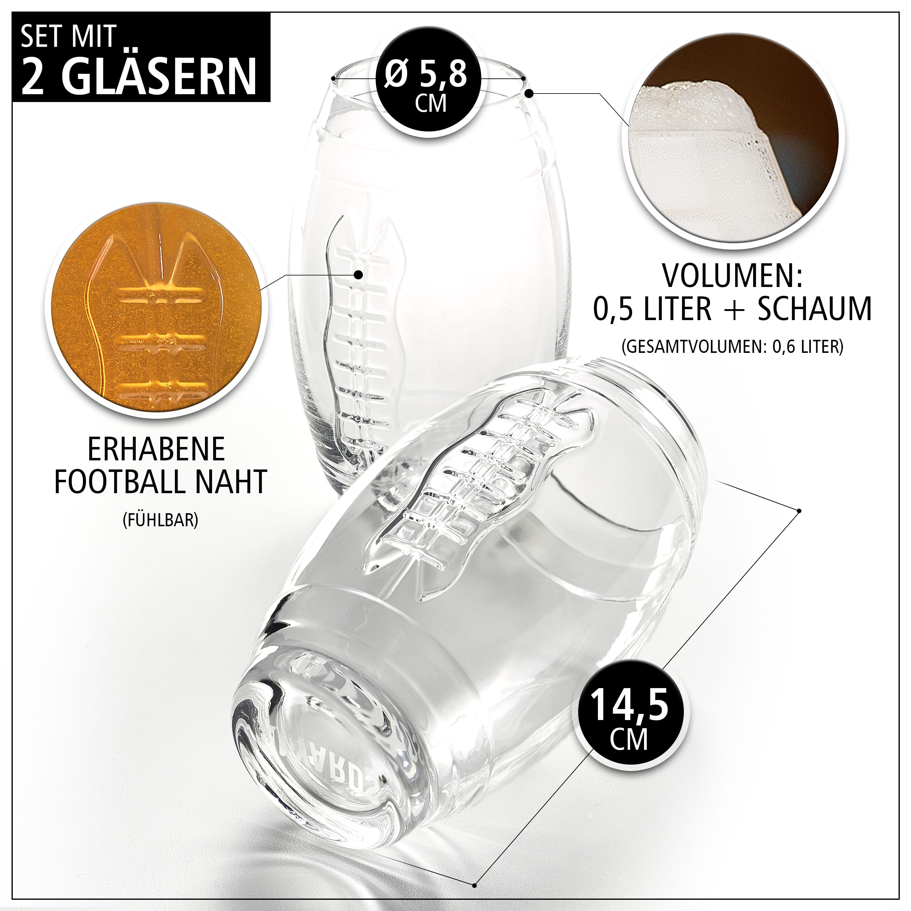 Football Glas mit erhabener, fühlbarer Naht