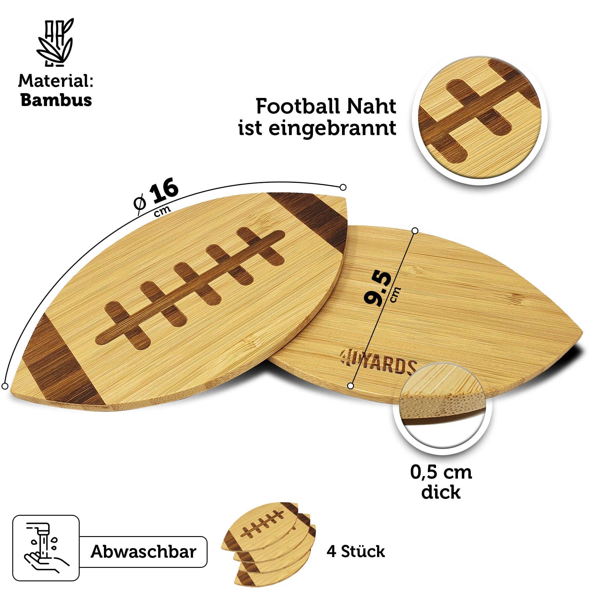 American Football Bambus Untersetzer mit eingravierter Naht